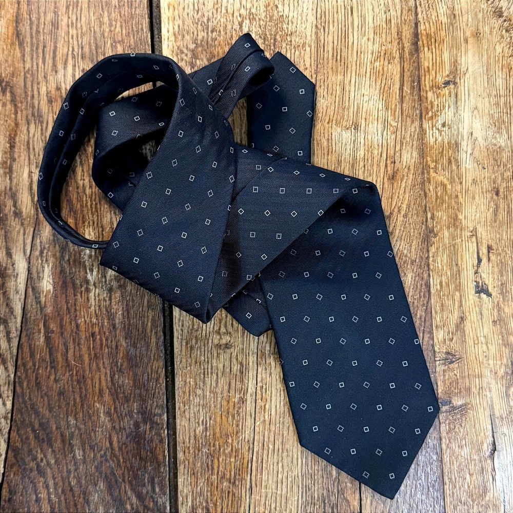 Giorgio Armani Charcoal Herringbone Silk Tie Blue Geometric Square Italy Vintage